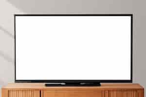Бесплатное фото Экран smart tv с копией пространства на деревянном столе
