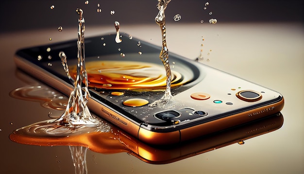 Smartphone device with water splashing generative ai