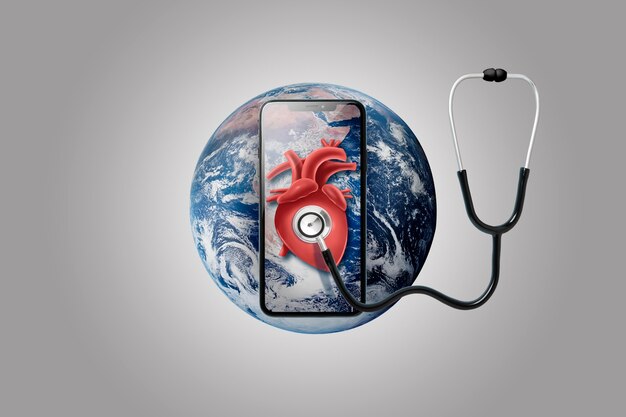 Smartphone on earth with stethoscope on a heart