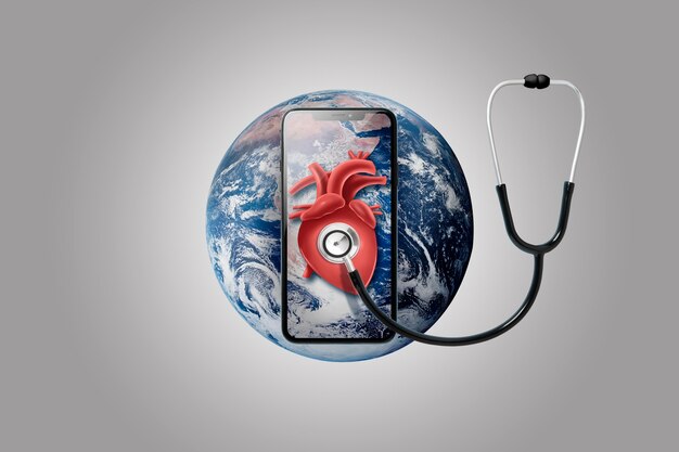 Smartphone on earth with stethoscope on a heart