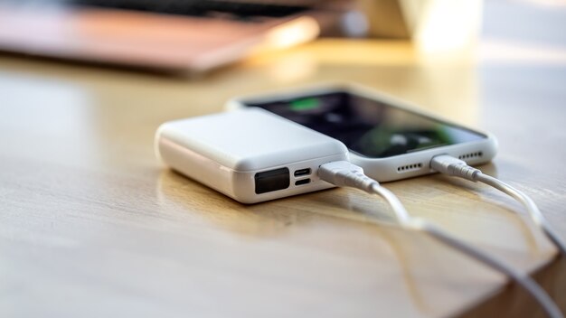 A smartphone is charged from a small white power bank