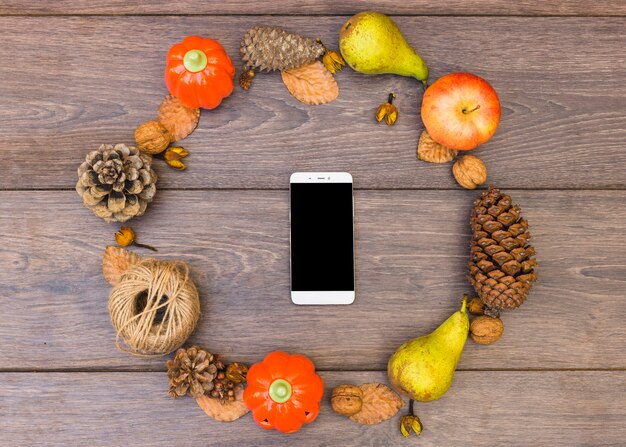 Smartphone in round frame of fruits 