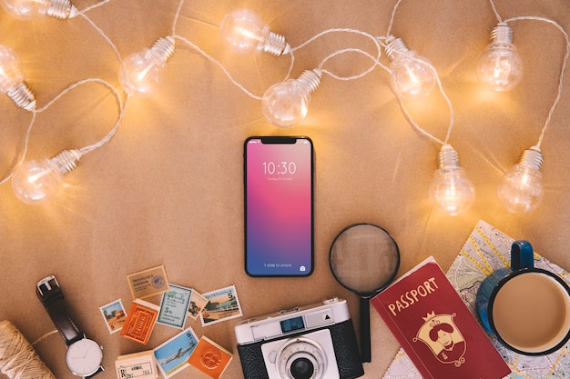 Free photo smartphone on table with lights