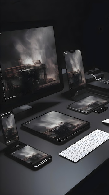 Foto gratuita smartphone e tablet sul tavolo nero rendering 3d