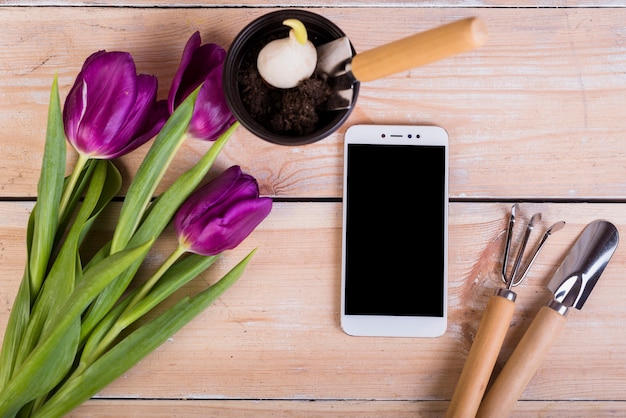 Modello di smartphone con il concetto di giardinaggio