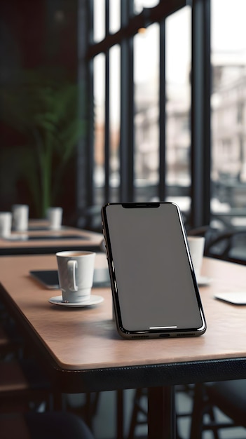 Free photo smartphone with blank screen on table in cafe mockup for design