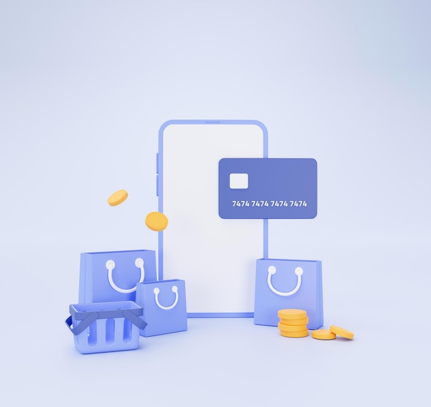 Смартфон с кредитной картой, онлайн-покупка, сумка для покупок и концепция электронной коммерции корзины на синем фоне 3d иллюстрация