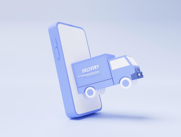 Смартфон с доставкой грузовых автомобилей, доставка, быстрая доставка, логистика, значок, знак или символ, концепция электронной коммерции на синем фоне, 3d иллюстрация