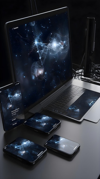 Free photo smartphones and computer on black table in dark room 3d rendering