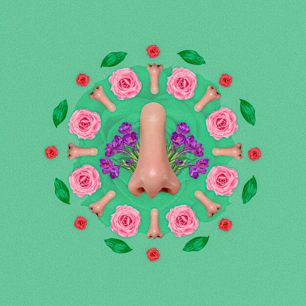 Smell sense collage with noses and roses
