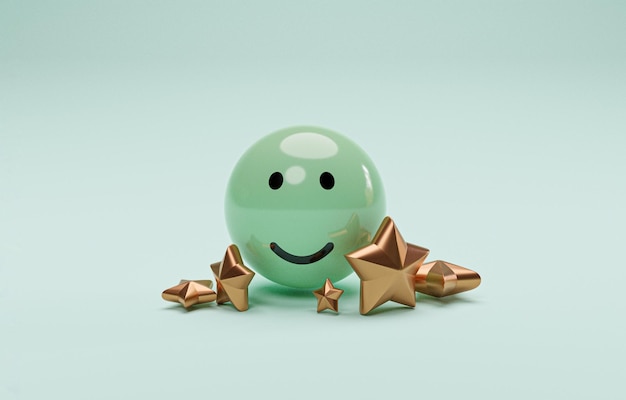 Smile face on green ball with golden five stars for customer or client survey and satisfaction after use product and service concept by 3d render