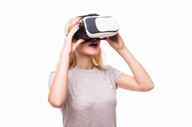 Smile happy woman getting experience using VR-headset glasses