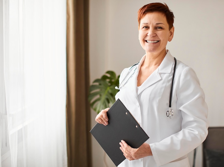 Free Photo smiley elder covid recovery center female doctor with clipboard and stethoscope