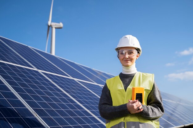 Smiley engineer wearing equipment medium shot