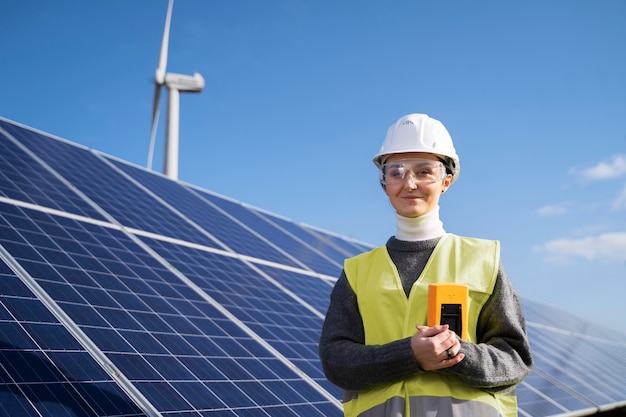 Smiley engineer wearing equipment medium shot