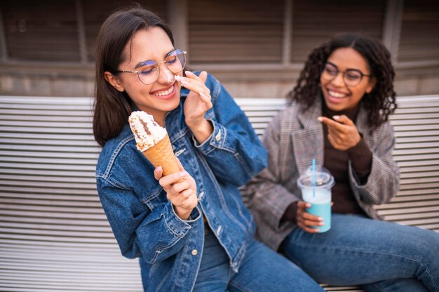 Smiley friends having fun outdoors