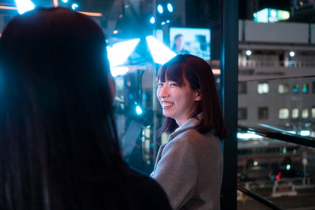 Smiley girls at night outdoors