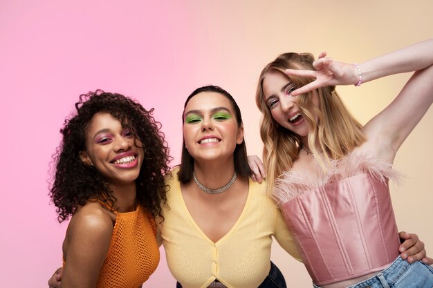 Smiley girls posing together front view