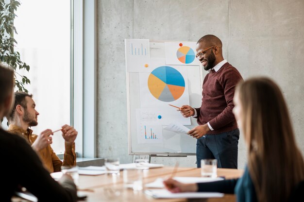 smiley man doing a presentation during a meeting