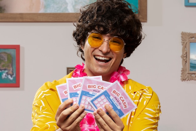 Free photo smiley man holding lottery tickets front view