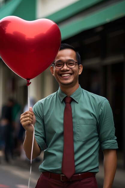 Smiley man holding red heart balloon