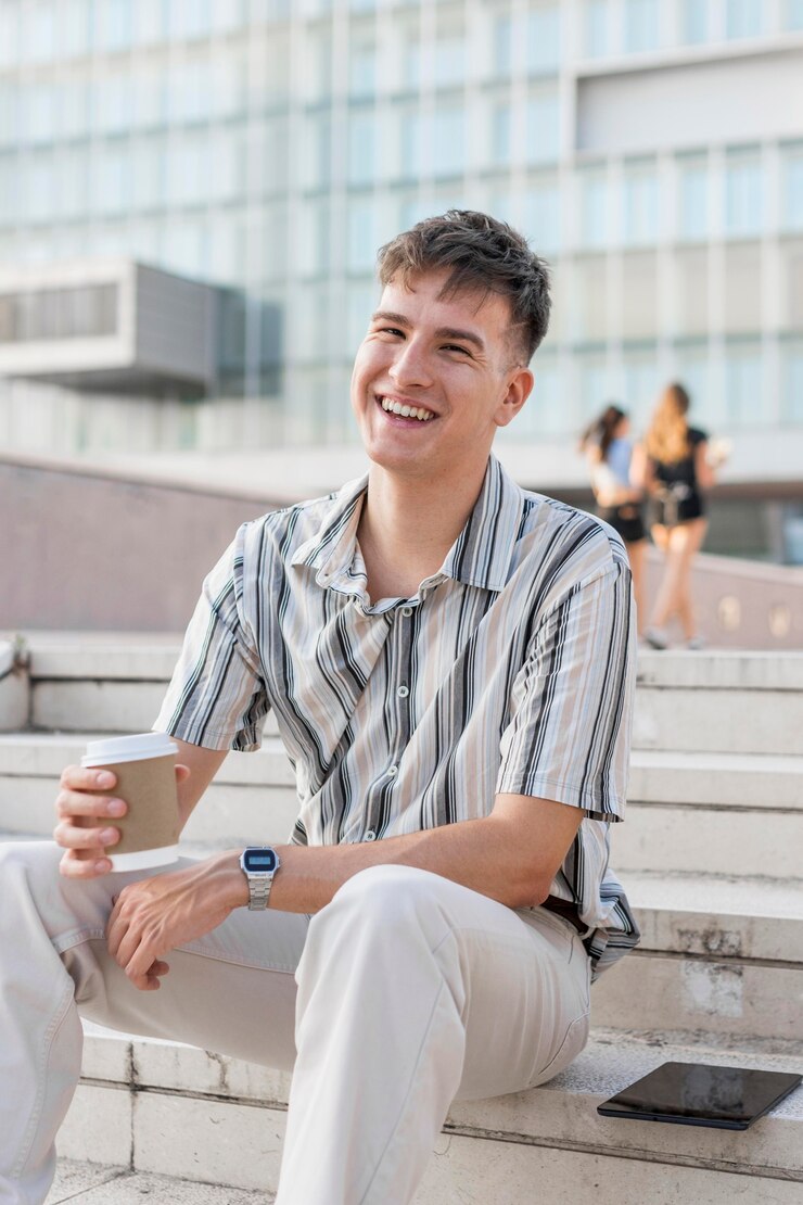 免費 Photo 一位微笑的男人坐在室外台阶上,手里拿着一杯咖啡