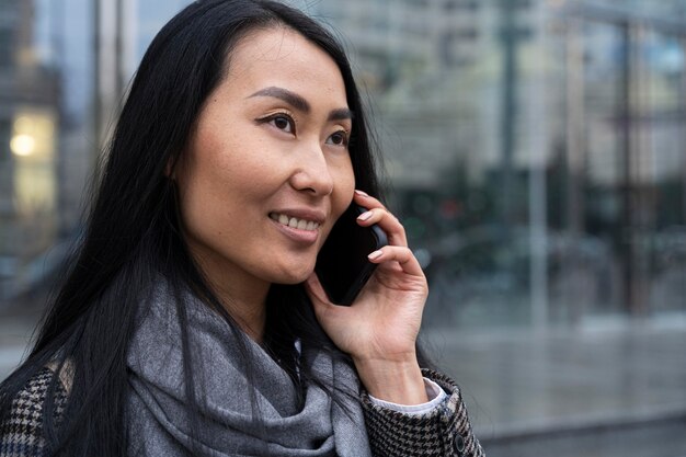 Smiley model talking on phone