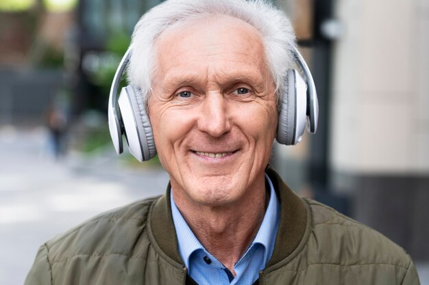 Smiley older man in the city listening to music on headphones