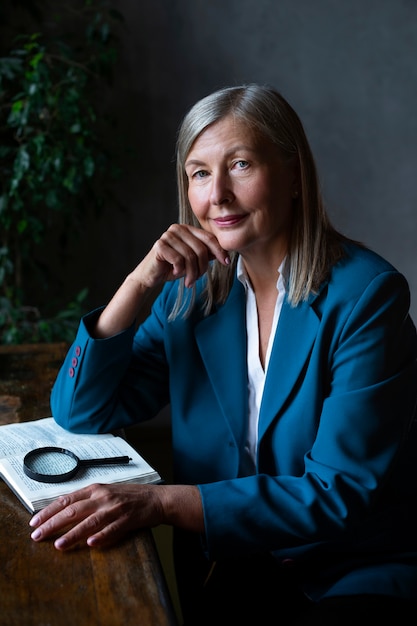 Smiley senior woman posing inside medium shot