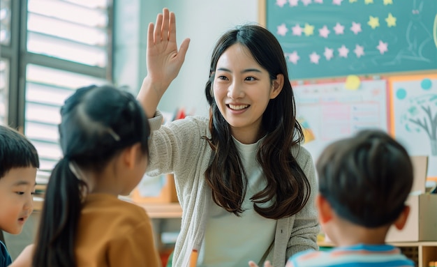 Smiley teacher in classroom