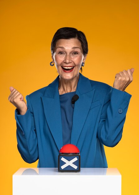 smiley woman being excited front view