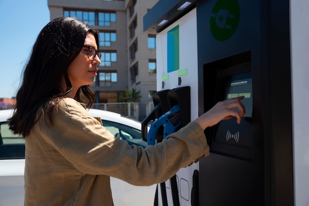 電気自動車の側面図を充電するスマイリー女性