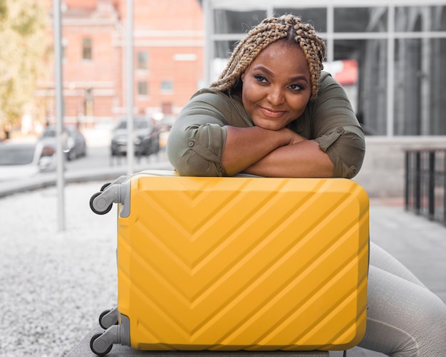 Smiley woman looking away