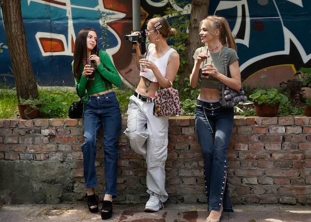 smiley women 2000s fashion full shot
