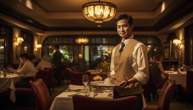 Smiling adult businessman serving food and drink generated by AI