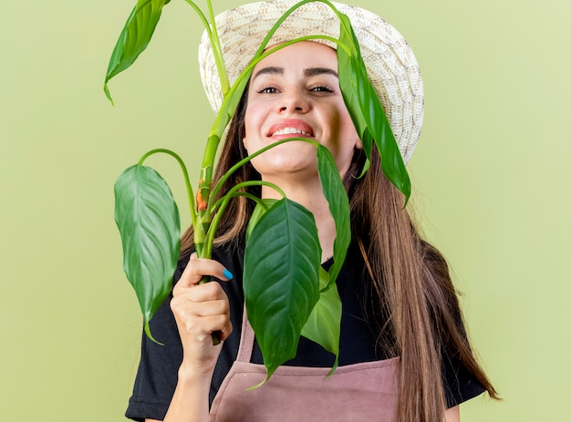 Free photo smiling beautiful gardener girl in uniform wearing gardening hat covered face with plant isolated on olive green