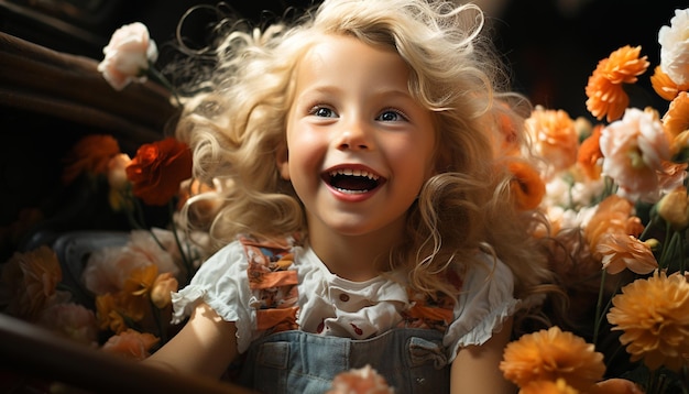 Free photo smiling blond girl holds flower enjoying nature beauty generated by artificial intelligence