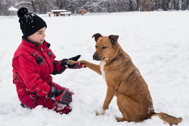 Smiling boy holding dog paw in winter season