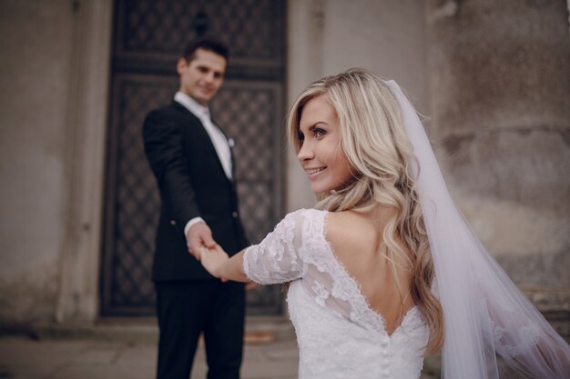 Smiling bride giving a sideways look