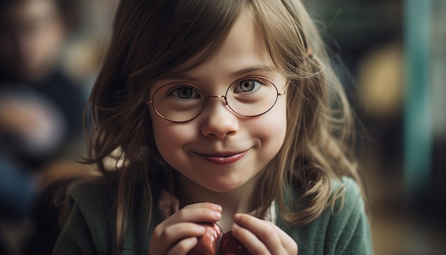 Smiling brown eyed girl in glasses portrait generated by AI