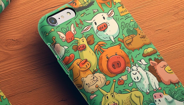 Smiling cartoon pig plays with colorful phone generated by AI