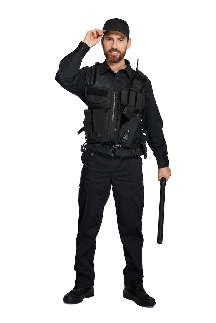 Free Photo smiling caucasian police officer in uniform standing with baton indoors front view of bearded cop