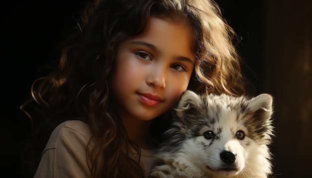 Free photo smiling child embraces cute puppy pure happiness and love generated by artificial intelligence