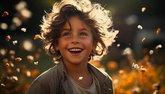 Smiling child enjoys nature carefree and playful in autumn generated by artificial intelligence