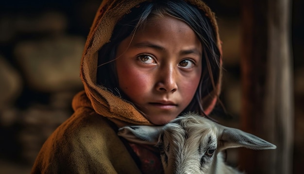 Smiling child posing with furry goat friend generated by AI