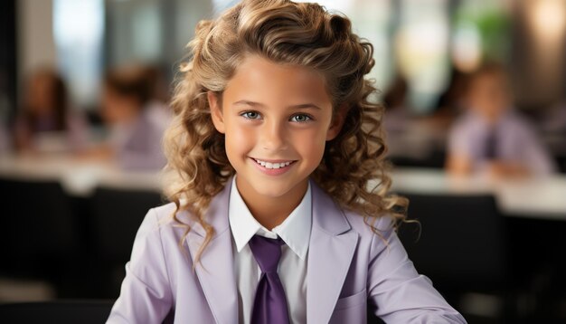 Smiling child sitting in classroom confident and focused on learning generated by artificial intelligence