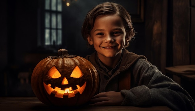 人工知能によって生成された恐ろしいハロウィンの夜を祝う可愛い南瓜を持った笑顔の子供