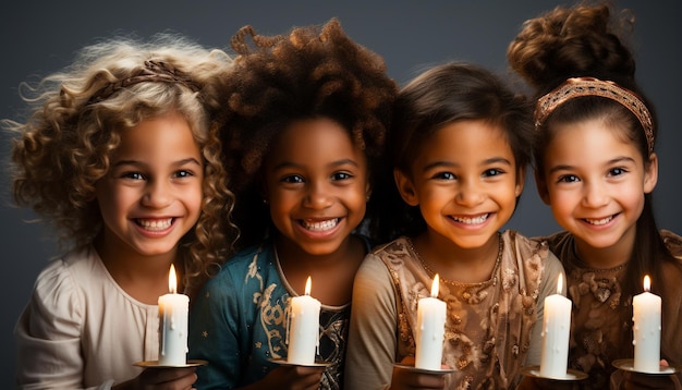 Foto gratuita bambini sorridenti che tengono in mano una candela festeggiano il compleanno con gioia e solidarietà generati dall'intelligenza artificiale