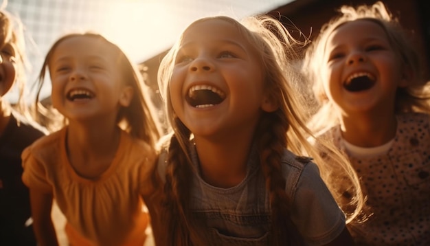 Smiling children playing outdoors enjoying carefree childhood generated by AI