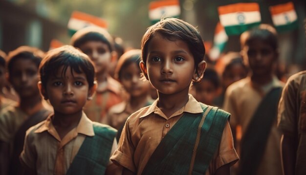 Smiling children in traditional clothing celebrate festival generated by AI